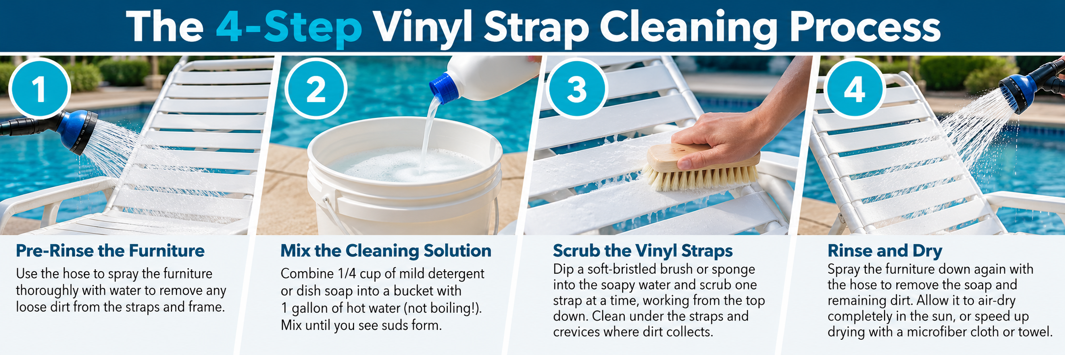 Four-step process for cleaning vinyl strap pool furniture, from pre-rinsing and mixing soap to scrubbing, rinsing and drying.